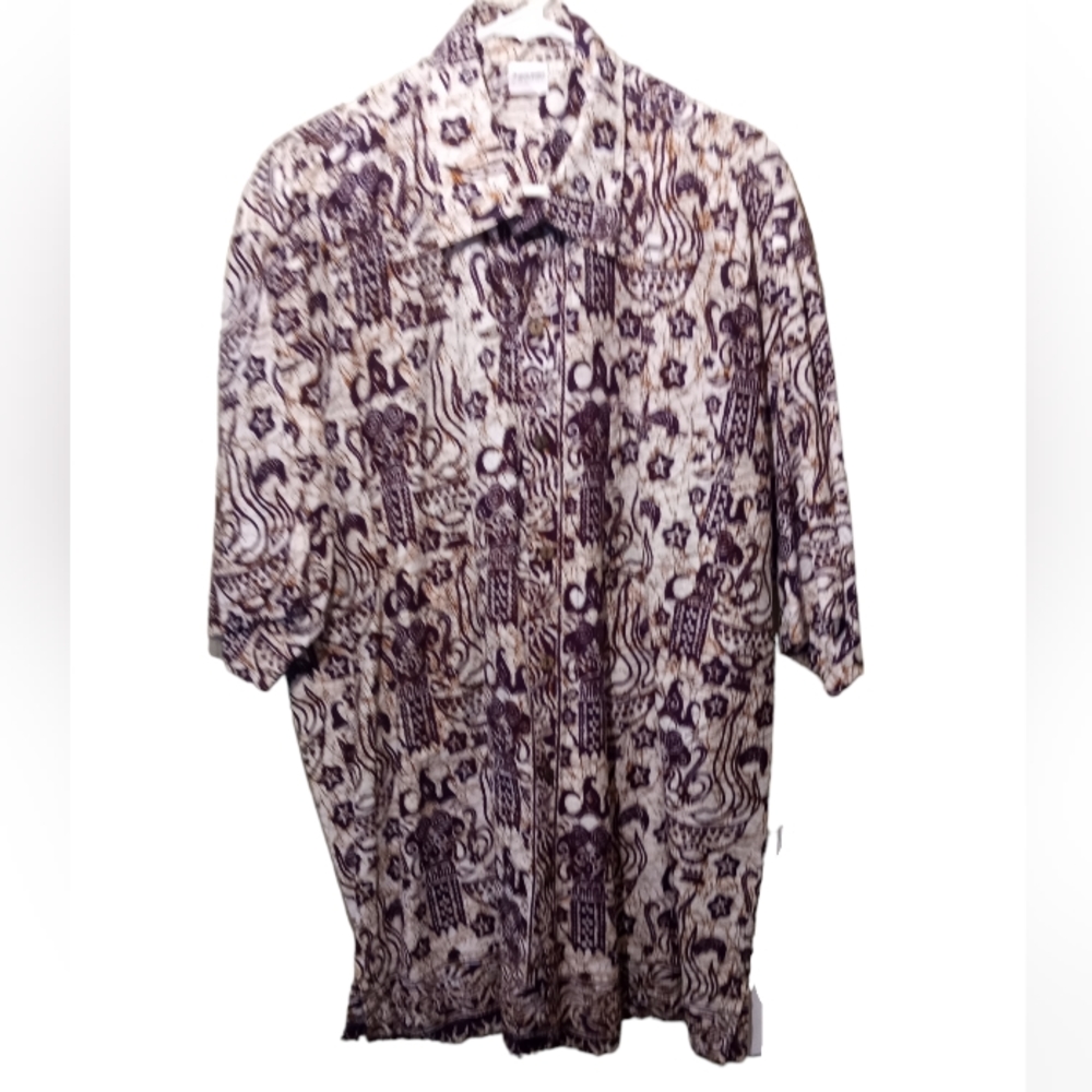 Batik World St Kitts Mens XXL Mens Short Sleeve Button Up Shirt Maroon Gold